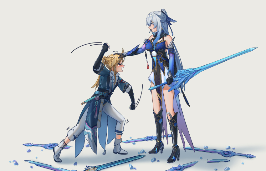 1boy 1girl absurdres black_footwear black_gloves blonde_hair blue_dress blue_jacket boots commentary_request detached_sleeves dress gloves grey_background grey_hair height_difference high_heel_boots high_heels highres holding holding_sword holding_weapon honkai:_star_rail honkai_(series) jacket jingliu_(honkai:_star_rail) ling_yuer long_hair long_sleeves pants ponytail reverse_grip simple_background sleeveless sleeveless_dress standing sword very_long_hair weapon white_footwear white_pants yanqing_(honkai:_star_rail)