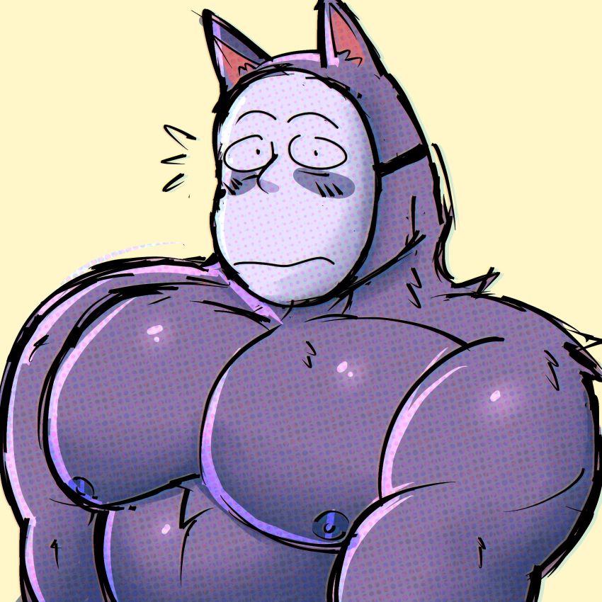 2023 anthro barazoku big_muscles big_pecs blush canid canine canis emanata frown fur hi_res janjauwu kedamono_(popee_the_performer) looking_at_viewer male mammal mask muscular muscular_anthro muscular_male nipples nude pecs popee_the_performer purple_body purple_fur purple_nipples simple_background solo tan_background tuft wolf