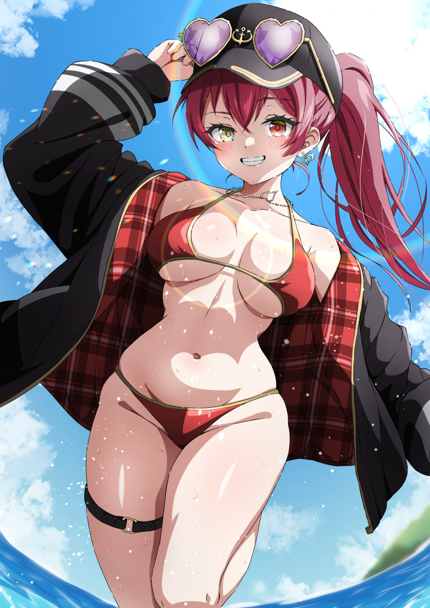 1girl absurdres baseball_cap belt bikini black_headwear black_jacket blue_sky breasts cloud earrings gold_earrings gold_necklace hat heart heart-shaped_eyewear heart_earrings heterochromia highres hololive houshou_marine houshou_marine_(summer) isakoro_(hx9cj) jacket jewelry large_breasts long_hair navel necklace official_alternate_costume ponytail red_bikini red_eyes red_hair red_jacket sky solo swimsuit thigh_belt thigh_strap two-sided_fabric two-sided_jacket virtual_youtuber wading water yellow_eyes