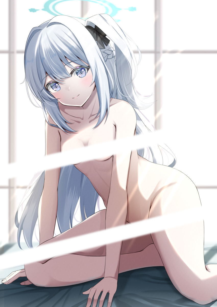 1girl absurdres animal_ears bed blue_archive blue_eyes blue_halo blush braid breasts closed_mouth collarbone completely_nude fake_animal_ears grey_hair groin halo highres indoors kamesys light_censor looking_at_viewer miyako_(blue_archive) nude one_side_up rabbit_ears small_breasts smile solo thighs