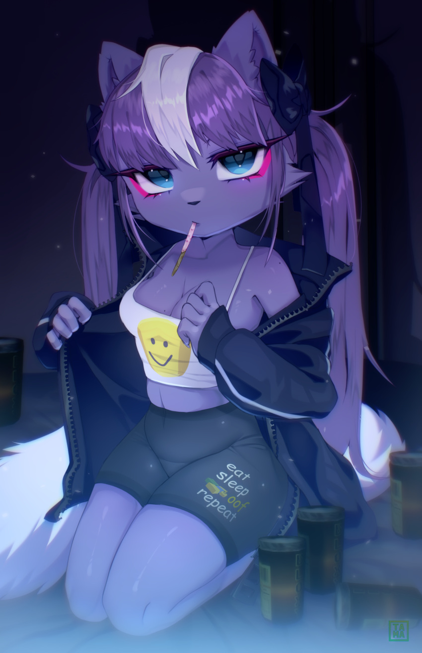 2023 5_fingers accessory aggressive_retsuko anthro black_bottomwear black_clothing black_jacket black_shorts black_topwear blue_eyes bottomwear bow_ribbon breasts cleavage clothed clothing digital_media_(artwork) eat_sleep_repeat existenc3 eyelashes female fingers food fur hair hair_accessory hair_bow hair_ribbon hi_res holding_food holding_object jacket looking_at_viewer mammal mephitid netflix pocky ribbons sanrio shikabane shirt shorts skunk smiley_face solo tail tank_top topwear white_clothing white_shirt white_tank_top white_topwear