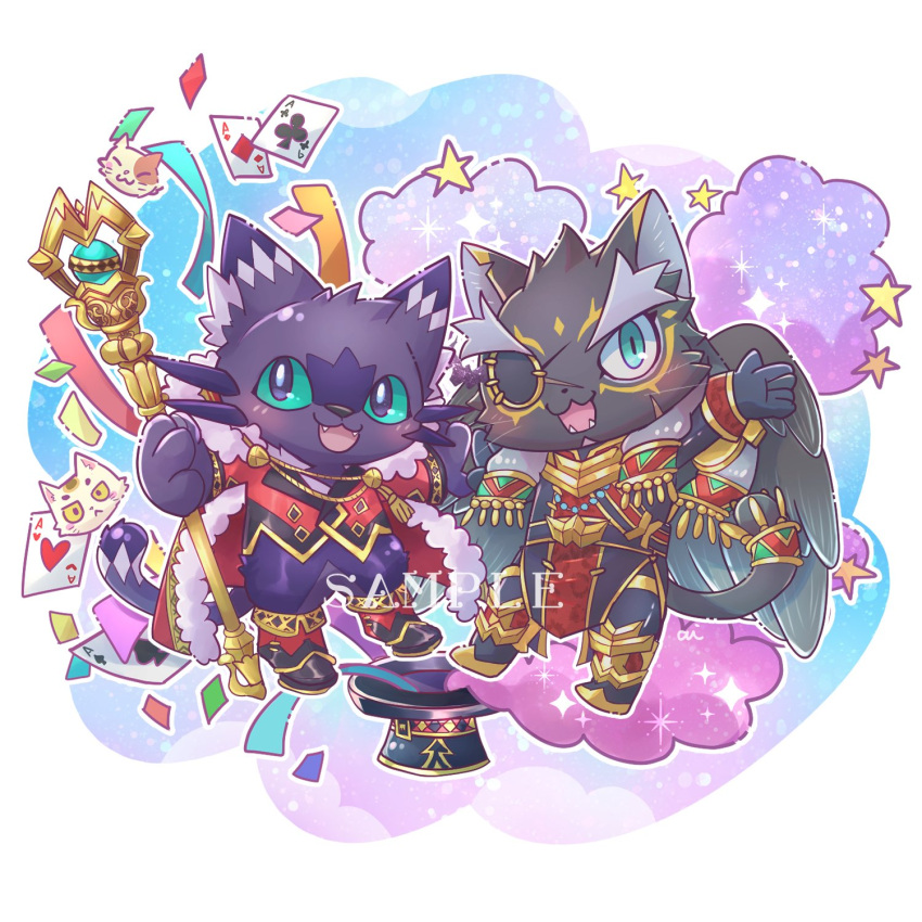 2boys ai_(alli_paeonia) animal_ears black_fur border cait_sith_(housamo) cane cape card cat cat_boy cat_ears cat_tail cloud colored_sclera commentary_request confetti eyepatch fangs feathered_wings flaming_eye forked_eyebrows full_body fur-trimmed_cape fur_trim furry furry_male green_eyes green_sclera hat highres holding holding_cane jaguar_boy jaguar_ears jaguar_tail long_hair magic_trick male_focus multiple_boys one_eye_covered open_mouth outline outstretched_arm pelvic_curtain playing_card purple_fur red_cape sample_watermark smile sparkle star_(symbol) tail tezcatlipoca_(housamo) thick_eyebrows tokyo_afterschool_summoners top_hat white_border white_outline wings