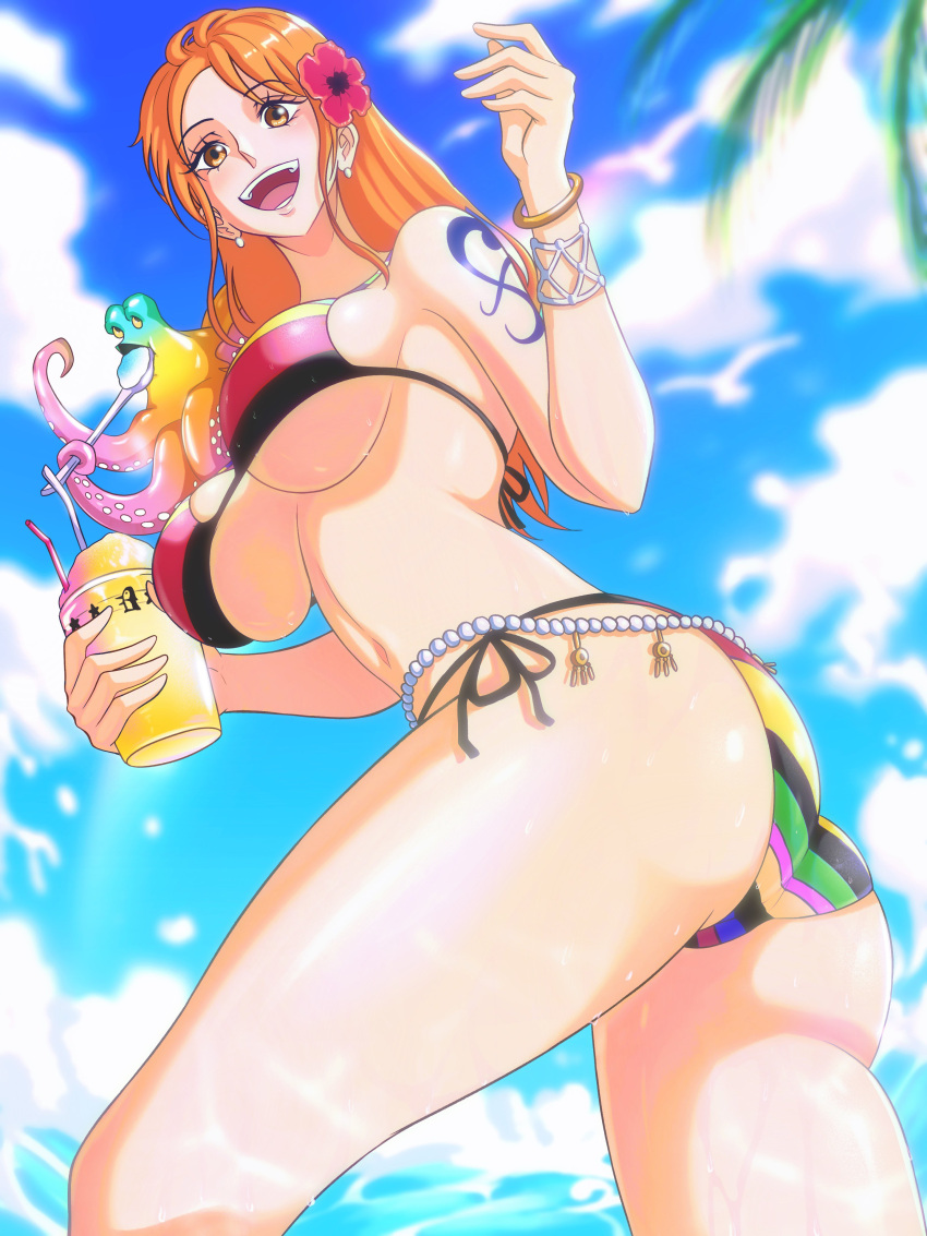 1girl absurdres bangle bikini blue_sky bracelet breasts cup earrings flower from_below hair_flower hair_ornament highres holding holding_cup jewelry large_breasts long_hair looking_at_viewer nami_(one_piece) navel octopus one_piece opalis open_mouth orange_eyes orange_hair outdoors pearl_earrings shoulder_tattoo sky solo swimsuit tattoo underboob