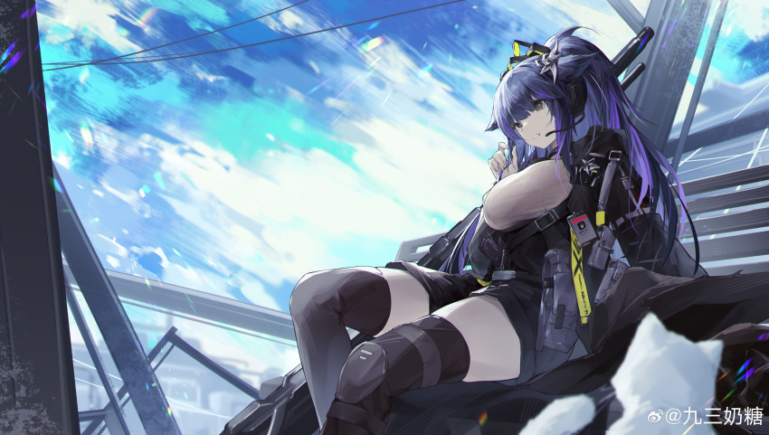 1girl absurdres arknights black_jacket black_thighhighs blue_sky brown_eyes cat cloud commentary_request feet_out_of_frame framed_breasts grey_shirt gun hand_up headset highres id_card jacket jessica_(arknights) jessica_the_liberated_(arknights) jiusan_naitang knee_pads long_hair long_sleeves parted_lips ponytail pouch purple_hair shirt single_knee_pad sitting sky solo thighhighs weapon white_cat