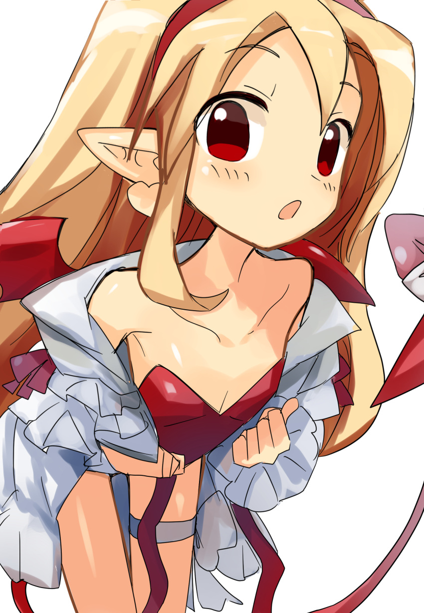 1girl absurdres bare_shoulders blonde_hair breasts demon_girl demon_tail demon_wings disgaea earrings flonne flonne_(fallen_angel) heart heart_earrings highres jank365m jewelry leaning_forward leotard long_hair looking_at_viewer makai_senki_disgaea off_shoulder open_clothes open_mouth open_shirt pointy_ears red_eyes red_leotard ribbon shirt small_breasts solo strapless strapless_leotard tail thigh_gap thigh_strap thighs very_long_hair white_shirt wings