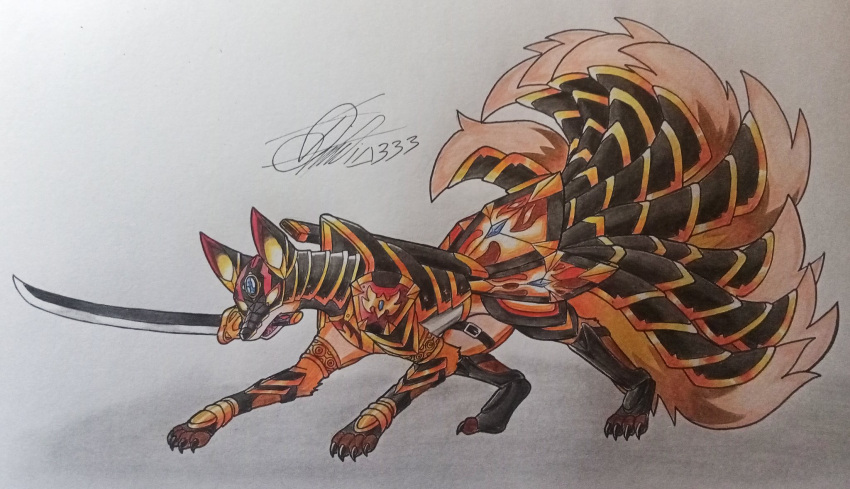 9_tails armor black_body black_fur black_hair canid canine female feral fox foxxi fur generation_1_pokemon hair head_fur hi_res ideltasarc333 mammal melee_weapon multi_tail ninetales nintendo orange_body orange_fur pokemon pokemon_(species) red_eyes solo sword sword_in_mouth tail weapon white_body white_fur