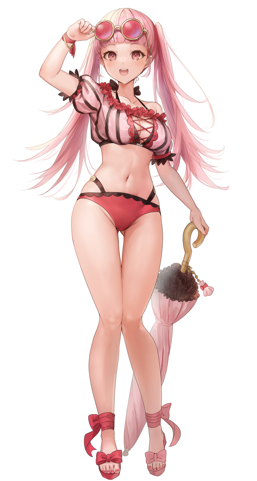 breasts cleavage eyewear_on_head feet fire_emblem fire_emblem:_three_houses fire_emblem_heroes full_body haru_(nakajou-28) highres hilda_valentine_goneril hilda_valentine_goneril_(summer) holding holding_umbrella legs long_hair medium_breasts nail_polish navel official_alternate_costume open_mouth parasol pink_eyes pink_hair sandals simple_background smile stomach swimsuit teeth toenail_polish toenails toes twintails umbrella upper_teeth_only white_background