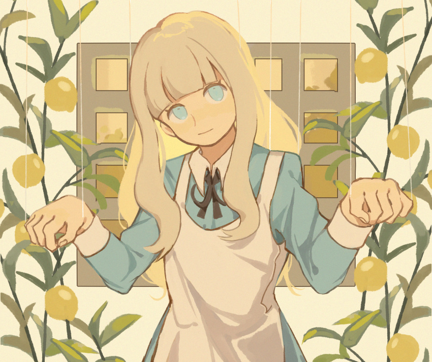 1girl apron black_ribbon blonde_hair blue_dress blue_eyes blunt_bangs closed_mouth collared_shirt dress film_grain food fruit head_tilt highres lemon library_of_ruina light_smile long_hair long_sleeves looking_at_viewer mili_(band) neck_ribbon ooya_(july_26) project_moon puppet_strings ribbon shirt sidelocks sideways_glance simple_background solo string upper_body white_apron white_background white_shirt