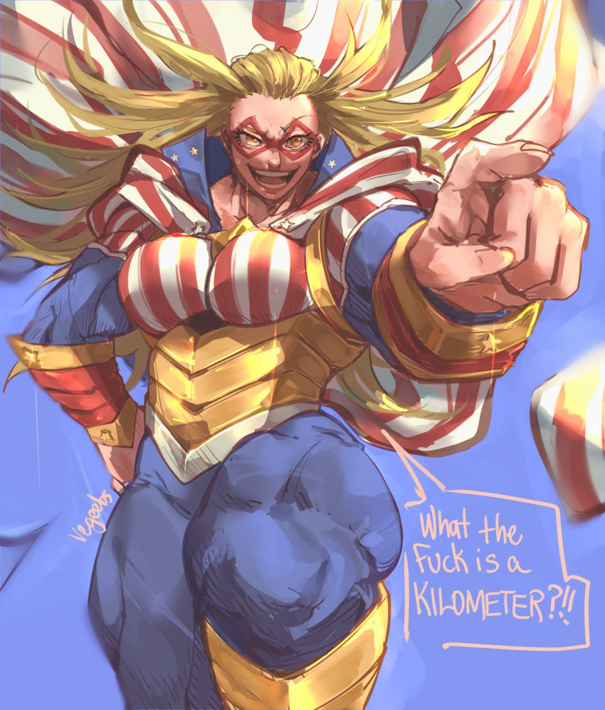 1girl addy_(@vegeebs) american_flag american_flag_print blonde_hair blue_background bodysuit boku_no_hero_academia breasts cape commentary english_text fingernails flag_print hand_on_own_hip highres long_hair muscular muscular_female open_mouth orange_eyes pointing smile solo speech_bubble star_and_stripe_(boku_no_hero_academia) striped_bodysuit striped_cape symbol-only_commentary thick_thighs thighs