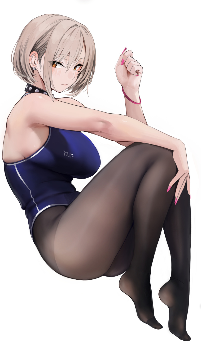 1girl absurdres bare_arms bare_shoulders black_choker black_pantyhose blue_leotard blush breasts brown_hair chela77 choker closed_mouth ear_piercing feet from_side full_body highres knees_up large_breasts legs leotard looking_at_viewer mole mole_under_eye nail_polish no_shoes orange_eyes original pantyhose piercing pink_nails poorly_dressed_policewoman_(chela77) short_hair simple_background smile solo thighs toes white_background