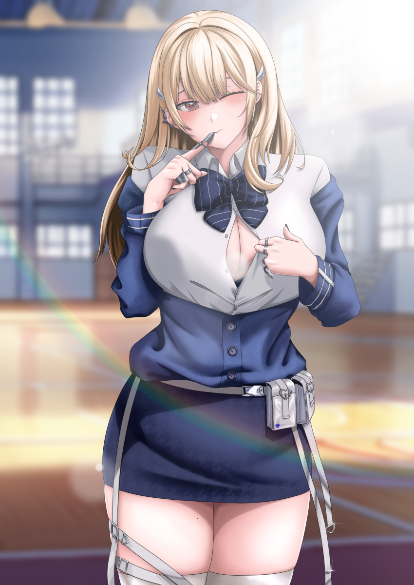 1girl absurdres belt_pouch blonde_hair blue_bow blue_bowtie blue_jacket blush bow bowtie breasts brown_eyes claw_ring cleavage closed_mouth collared_shirt finger_to_mouth goddess_of_victory:_nikke hair_ornament highres jacket jewelry large_breasts long_hair looking_at_viewer multiple_rings nail_polish off_shoulder one_eye_closed partially_unbuttoned pencil_skirt pouch ramiki_(ramesgoag) ring school shirt skirt smile solo strap thighhighs tia_(nikke) white_shirt white_thighhighs