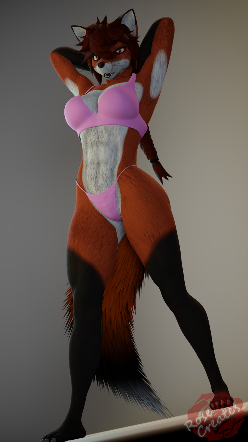 16:9 3d_(artwork) absurd_res anthro blender_(software) breasts canid canine canis clothed clothing digital_media_(artwork) female flexing fox fur hair hi_res lavender(rosecreates) looking_at_viewer mammal muscular muscular_female open_mouth red_fox rosecreates solo solo_focus underwear widescreen