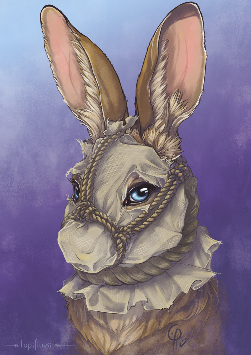 absurd_res bag bag_over_head bdsm bondage bound female feral gradient_background headshot_portrait hi_res hyzenthlay_(watership_down) lagomorph leporid lupifluvii mammal muzzle_(object) muzzled portrait rabbit restraints rope rope_bondage rope_muzzle simple_background solo