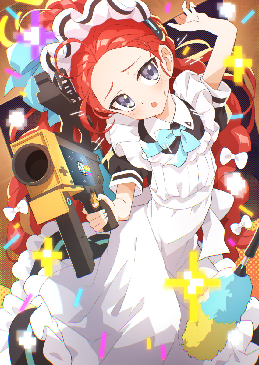 1girl aiming aiming_at_viewer apron arm_up black_dress blue_archive blue_bow blue_bowtie blush bow bowtie collared_dress commentary dress duster feet_out_of_frame forehead frilled_apron frills fuji_tarawi gun hair_bow hair_pulled_back highres holding holding_gun holding_weapon maid maid_apron maid_headdress multiple_hair_bows official_alternate_costume parted_lips ponytail puffy_short_sleeves puffy_sleeves purple_eyes red_hair revision short_sleeves solo weapon white_apron white_bow yuzu_(blue_archive) yuzu_(maid)_(blue_archive)