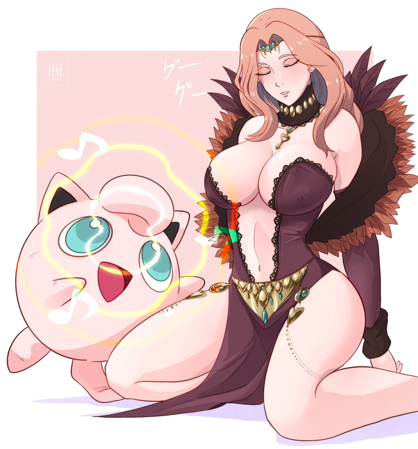 1girl 1other bare_legs bare_shoulders blue_eyes breasts circlet commission cornelia_arnim fire_emblem fire_emblem:_three_houses highres huge_breasts ihsnet jewelry jigglypuff music musical_note pink_hair pokemon singing sleeping