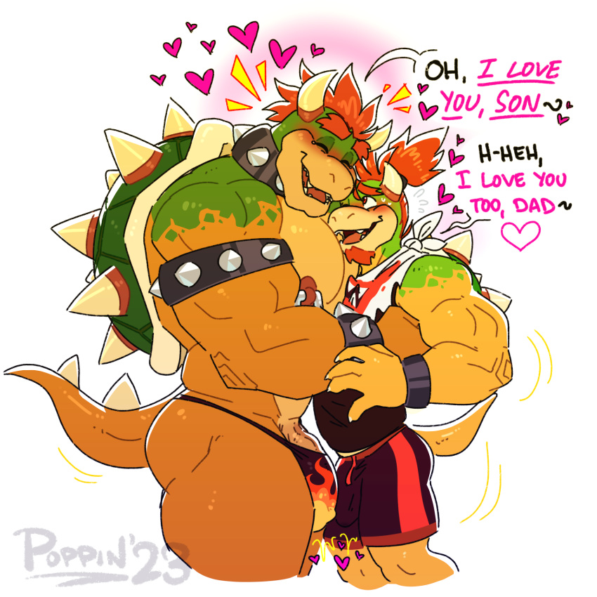 1:1 bowser bowser_jr. bulge duo embrace father_(lore) genitals hi_res hug koopa male mario_bros nintendo nipple_piercing nipples parent_(lore) penis piercing poppin scalie simple_background son_(lore) white_background