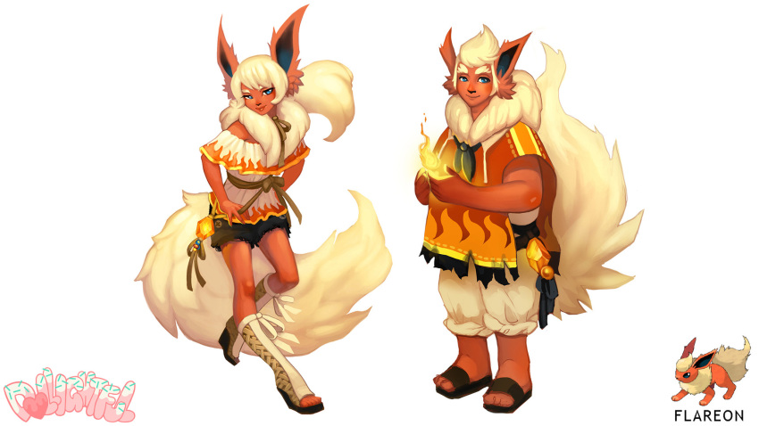 ambiguous_gender anthro bangs belt black_nose blue_eyes bottomwear clothed clothing colored dollightful duo eeveelution eyebrows facial_hair fire flareon fluffy fluffy_tail footwear fully_clothed fur generation_1_pokemon hair hi_res high_heels long_ears long_hair nintendo orange_body orange_fur pokemon pokemon_(species) ponytail sandals shaded shawl short_hair shorts sideburns smile tail tan_body tan_fur tan_hair watermark