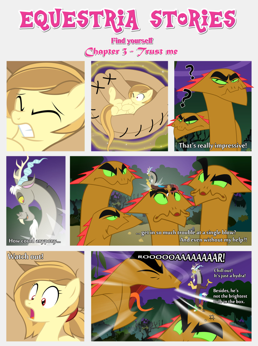 absurd_res alice_goldenfeather_(estories) anthro baseball_glove black_border border bright_light chimera clenched_teeth dialogue discord_(mlp) draconequus equid equine estories eyes_closed female feral friendship_is_magic group hasbro hi_res hydra male mammal mud my_little_pony night night_time no_cutiemark open_mouth outside pegasus plant saved swamp teeth tongue tongue_out tree trio white_light wide_eyed wings