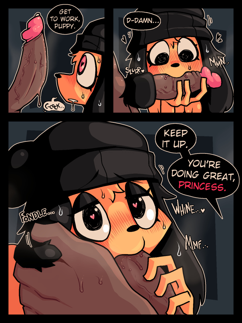 &lt;3 &lt;3_eyes anthro beanie canid canine canis clothing comic craving dialogue domestic_dog duo fondling girly happy hat headgear headwear hi_res human lustful_gaze male male/male mammal oral oral_focus oral_only petting_head pink_eyes ponporio_(artist) puppy_(puppynsfw) puppynsfw