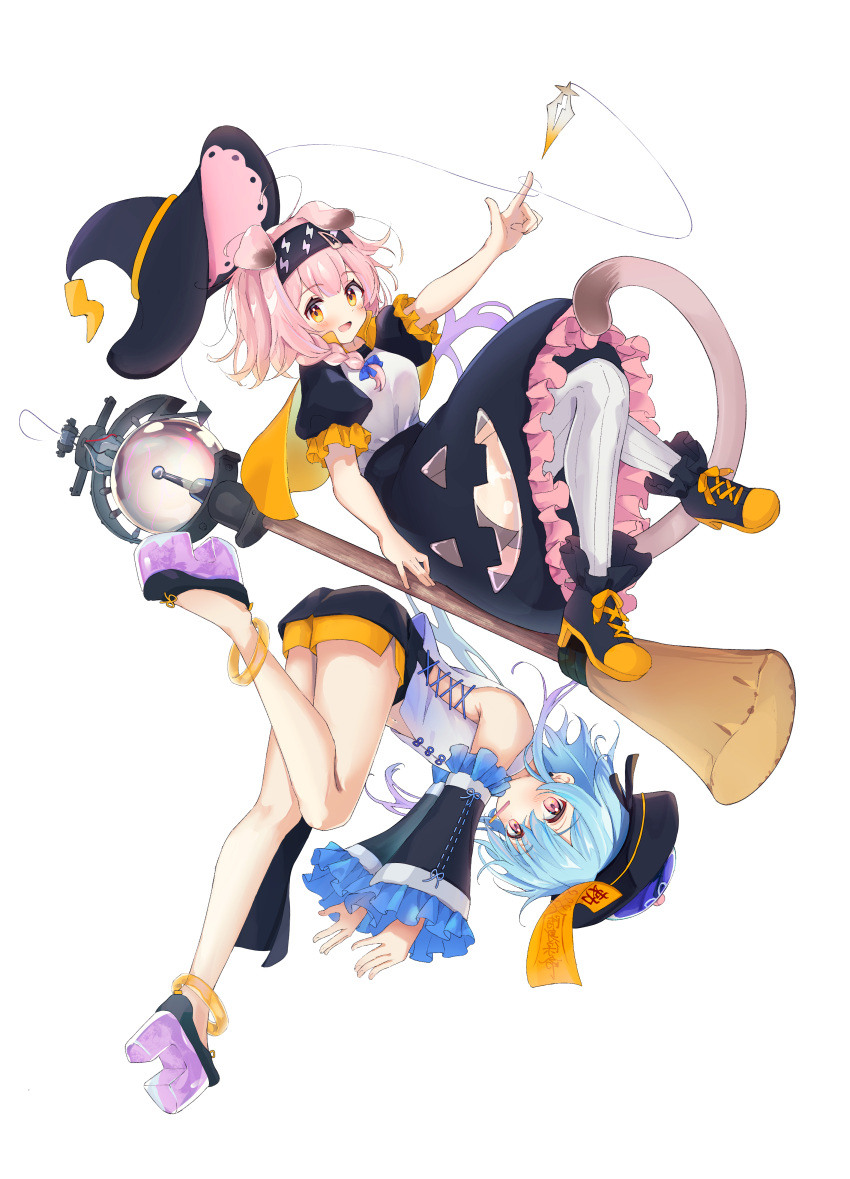 1boy 1girl absurdres alternate_costume animal_ears anklet arknights black_footwear black_headband black_headwear black_shorts black_skirt black_sleeves blue_hair cat_ears cat_girl cat_tail commentary_request creator_connection detached_sleeves drone goldenglow_(arknights) halloween hat headband highres jewelry jiangshi light_blue_hair lightning_bolt_print looking_at_viewer mizuki_(arknights) open_mouth orange_eyes outstretched_arms pantyhose pink_eyes pink_hair platform_footwear pointing pointing_up puffy_short_sleeves puffy_sleeves purple_hair qing_guanmao riu_kawano shirt short_hair short_hair_with_long_locks short_sleeves shorts simple_background skirt smile tail talisman upside-down white_background white_pantyhose white_shirt witch witch_hat zombie_pose