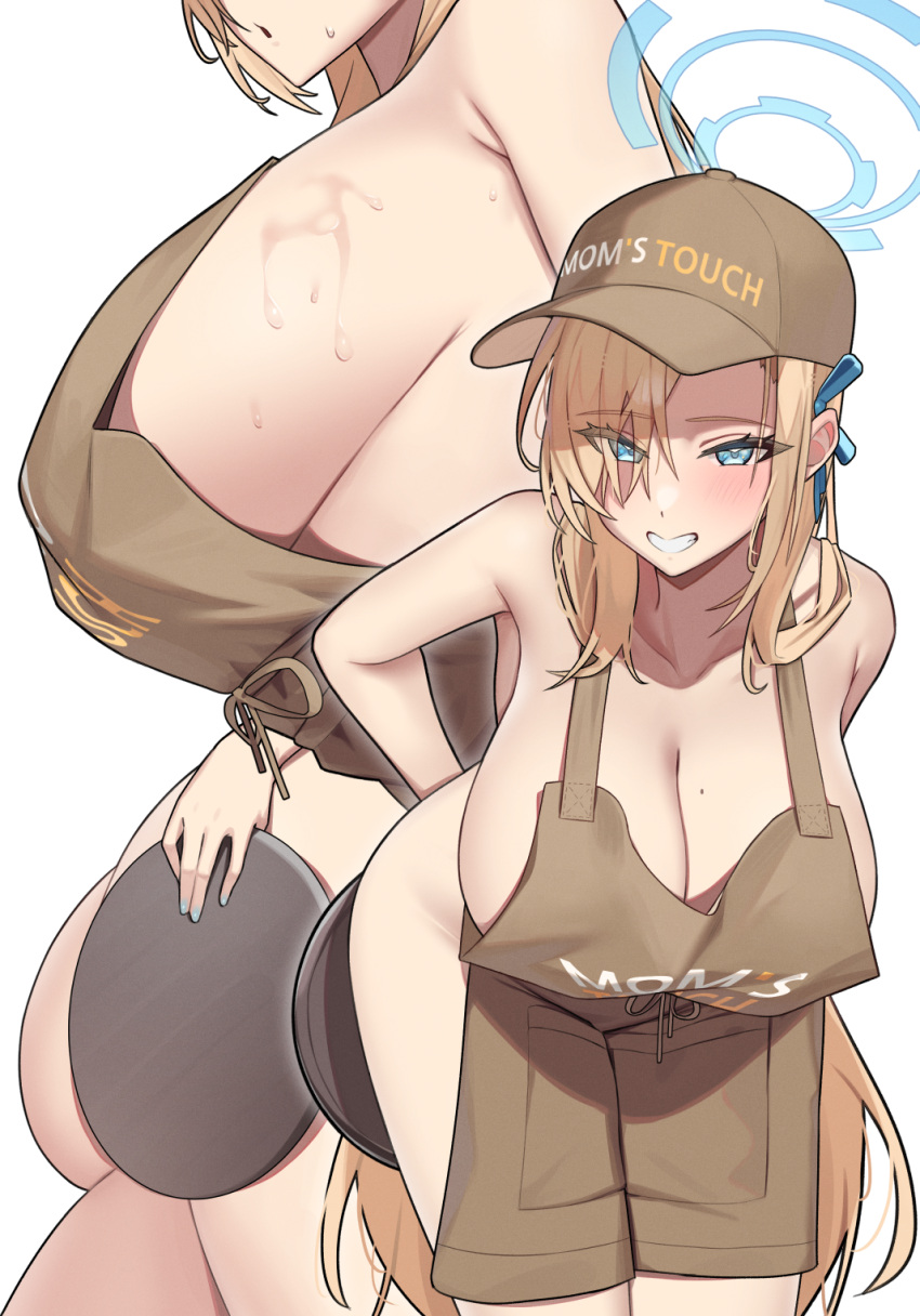 1girl apron ass asuna_(blue_archive) blue_archive blue_eyes blue_flower blue_nails blush breasts brown_apron brown_headwear cleavage clothes_writing collarbone covering_ass covering_privates fingernails flower grin hair_flower hair_ornament hat highres holding holding_tray large_breasts light_brown_hair long_hair looking_at_viewer mole mole_on_breast mom's_touch multiple_views nail_polish naked_apron simple_background smile standing sweat tray white_background yzr_(yzr99)
