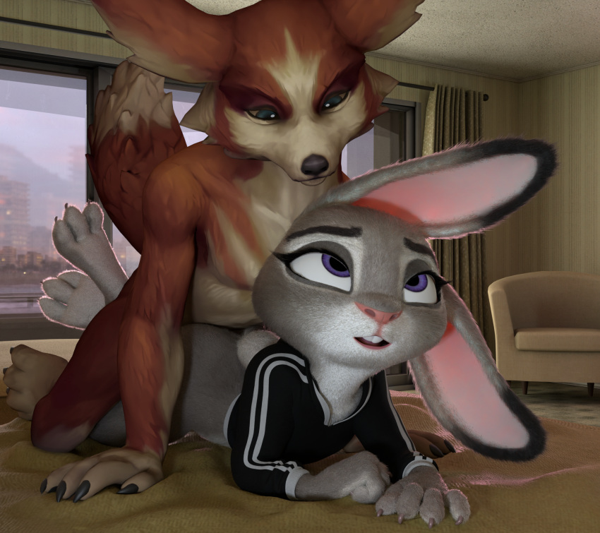 2023 3d_(artwork) anthro anthro_on_anthro anthro_penetrated anthro_penetrating anthro_penetrating_anthro ass_up bed blizzard_entertainment blue_eyes bottomless butt canid claws clothed clothing countershade_feet countershading digital_media_(artwork) disney duo eyebrows eyelashes feet female female_penetrated fingers fur furniture grey_body grey_fur hi_res inside judy_hopps lagomorph leporid long_ears looking_at_another looking_at_partner looking_up lying male male/female male_penetrating male_penetrating_female mammal melo mostly_nude multicolored_body multicolored_ears multicolored_fur on_bed on_front open_mouth orange_body orange_fur penetration pink_nose purple_eyes rabbit scut_tail sex short_tail tail teeth tongue topwear vulpera warcraft white_body white_fur window zootopia