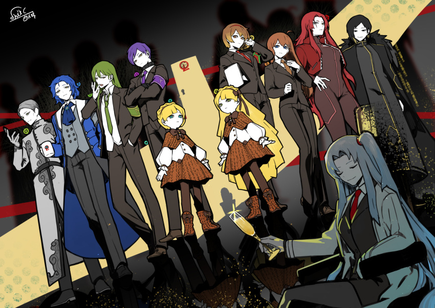 5boys 6+girls ahoge angela_(project_moon) aqua_eyes armband ascot binah_(project_moon) black_cape black_dress black_jacket black_pants black_vest blonde_hair blue_ascot blue_eyes blue_hair bodysuit boots bow bowtie braid brown_bow brown_bowtie brown_capelet brown_footwear brown_pantyhose brown_skirt cape capelet champagne_flute chesed_(project_moon) closed_eyes closed_mouth coat collared_shirt cup dress drinking_glass gebura_(project_moon) green_eyes green_hair green_necktie grey_coat grey_vest hair_ornament hairclip highres hod_(project_moon) hokma_(project_moon) jacket lobotomy_corporation long_hair long_sleeves looking_at_viewer multiple_boys multiple_girls necktie netzach_(project_moon) nishikujic one_side_up open_mouth pants pantyhose project_moon puffy_long_sleeves puffy_sleeves purple_eyes purple_hair red_bodysuit red_hair red_necktie shirt short_hair skirt smile tiphereth_a_(project_moon) tiphereth_b_(project_moon) very_long_hair vest white_shirt yesod_(project_moon)