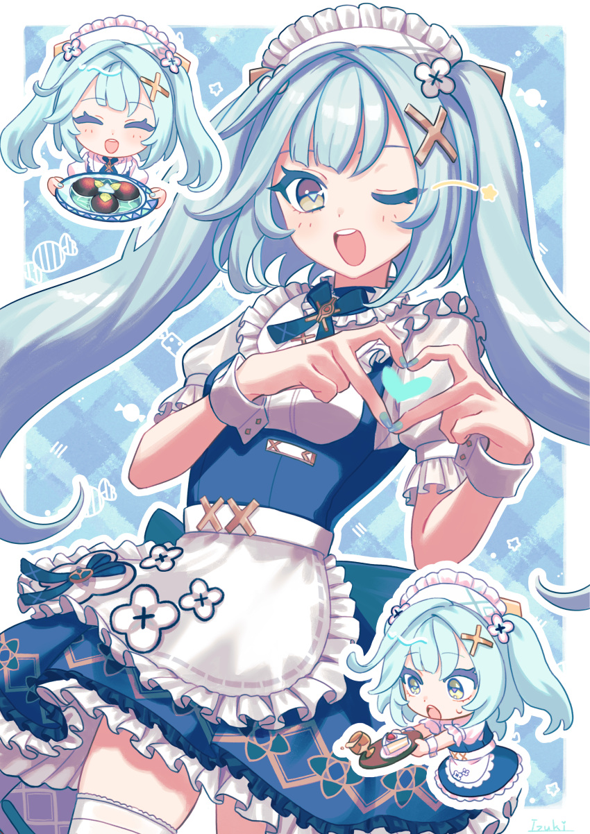 1girl 39_iduki ;d ^_^ absurdres alternate_costume apron blue_hair blue_nails blue_ribbon blue_skirt blue_vest chibi chibi_inset closed_eyes commentary_request enmaided faruzan_(genshin_impact) food frilled_skirt frills genshin_impact hair_ornament heart heart_hands highres holding holding_plate light_blue_hair long_hair looking_at_viewer maid maid_apron maid_headdress neck_ribbon one_eye_closed open_mouth plate puffy_short_sleeves puffy_sleeves ribbon shirt short_sleeves skirt smile star_(symbol) thighhighs twintails vest white_apron white_shirt white_thighhighs wrist_cuffs x_hair_ornament