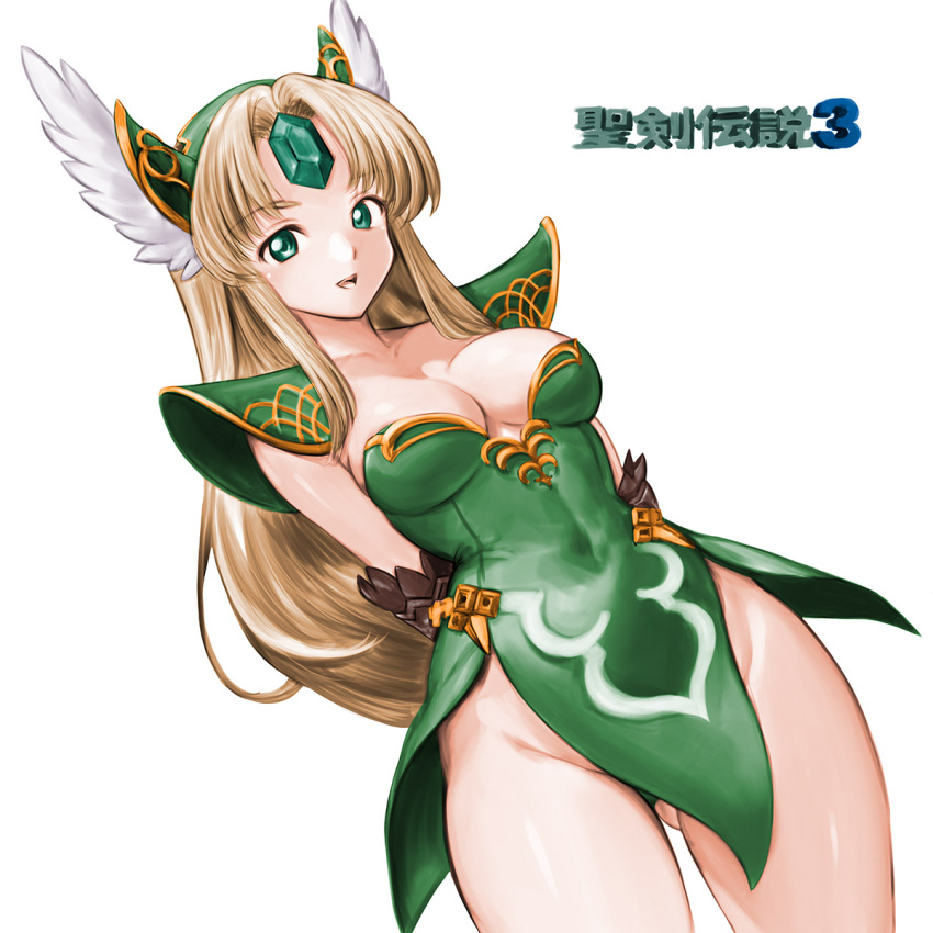 1girl armor arms_behind_back ass_visible_through_thighs blonde_hair breasts cleavage covered_navel dress forehead_jewel green_eyes green_panties groin helmet highres long_hair minamoto80486 open_mouth panties panty_peek pauldrons riesz seiken_densetsu seiken_densetsu_3 short_dress shoulder_armor smile solo strapless strapless_dress thighs underwear winged_helmet