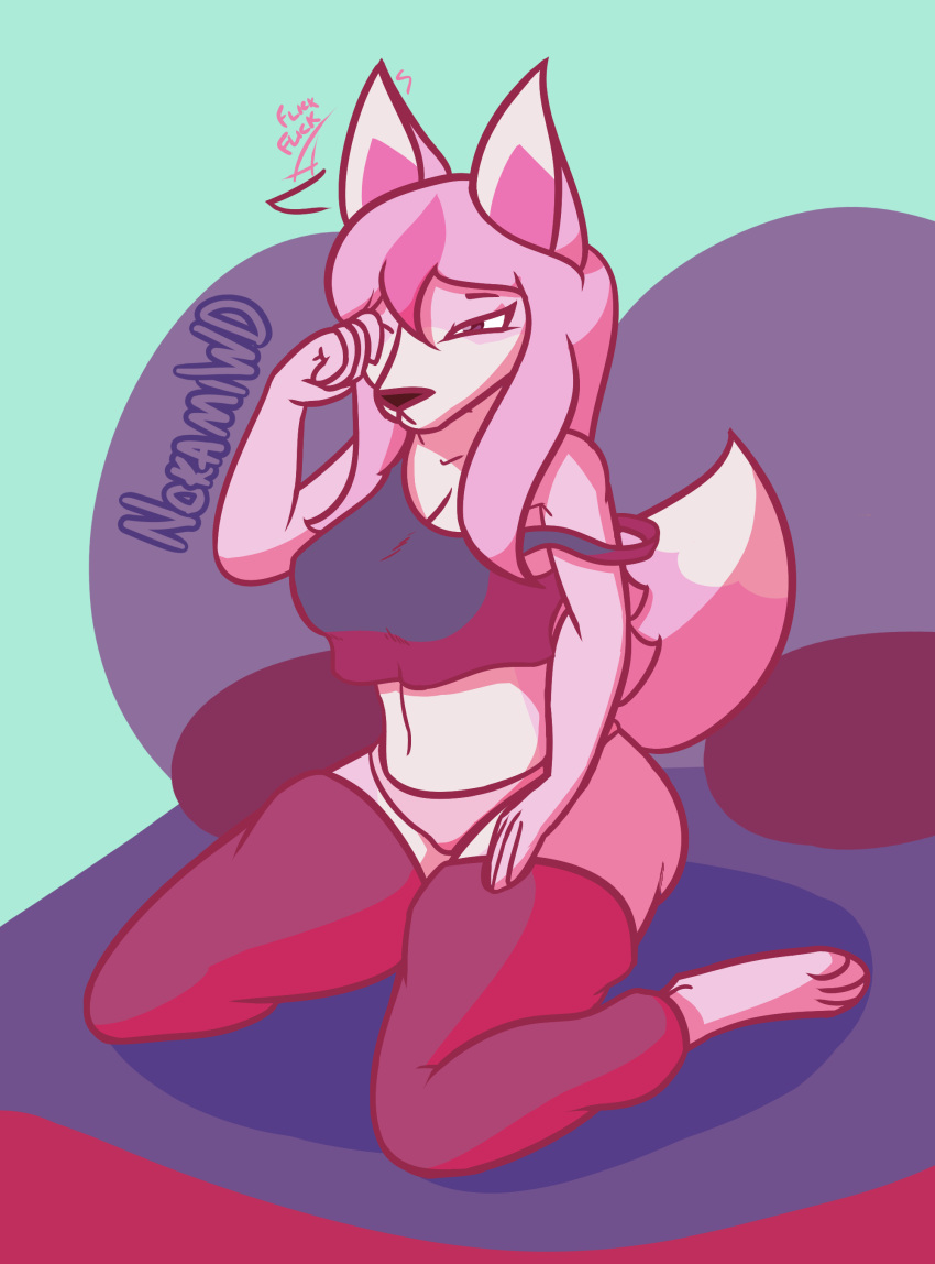 absurd_res anthro big_breasts big_butt brand_new_animal breasts butt canid canine clothing ear_flick female fox fur hair hi_res legwear long_hair mammal nazuna_hiwatashi nokamiwd panties pink_body pink_fur pink_hair simple_background solo stockings studio_trigger thick_thighs topwear underwear white_body white_fur