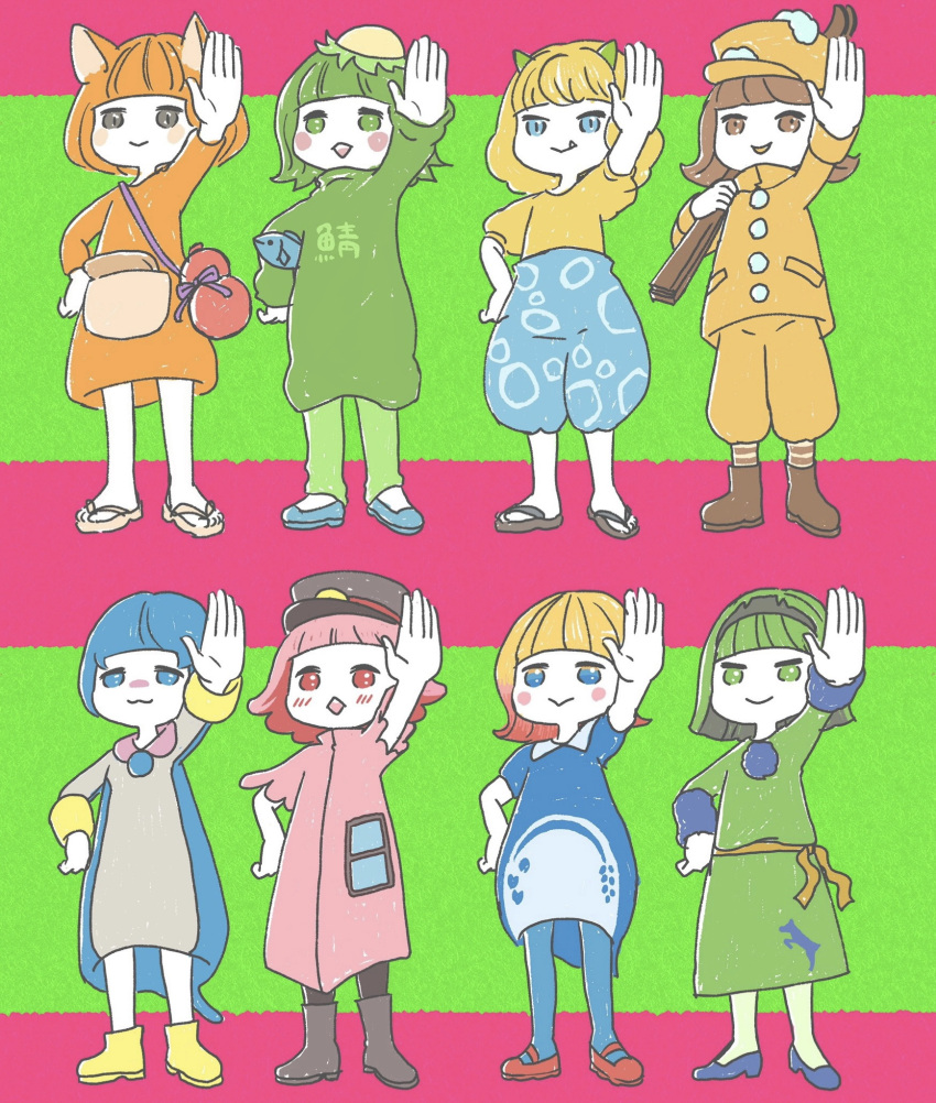 6+girls :&gt; :3 animal animal_ears arm_up black_hairband black_headwear black_pantyhose blue_cape blue_eyes blue_footwear blue_hair blue_pants blue_pantyhose blush_stickers brown_eyes brown_footwear brown_hair buttons cape closed_mouth coat collared_dress diamond_mouth dress echigon fang fish flat_cap fox_ears gourd green_dress green_eyes green_pants grey_dress grey_eyes grey_hair hairband hat highres holding holding_animal holding_fish kappa kappon kata-rin koh-tan long_sleeves mary_janes multiple_girls myoko-san no_nose no_socks open_mouth orange_coat orange_dress orange_hair orange_headwear orange_pants original pants pantyhose personification pink_dress pink_hair pocket pom_pom_(clothes) puffy_pants puffy_short_sleeves puffy_sleeves purple_ribbon real_life red_eyes reruhi-san ribbon riucoiru sandals sash shoes short_sleeves skis smile smug socks striped striped_socks tokitetsu-kun translation_request umi-kun welmo yellow_footwear yellow_sash yuru-chara