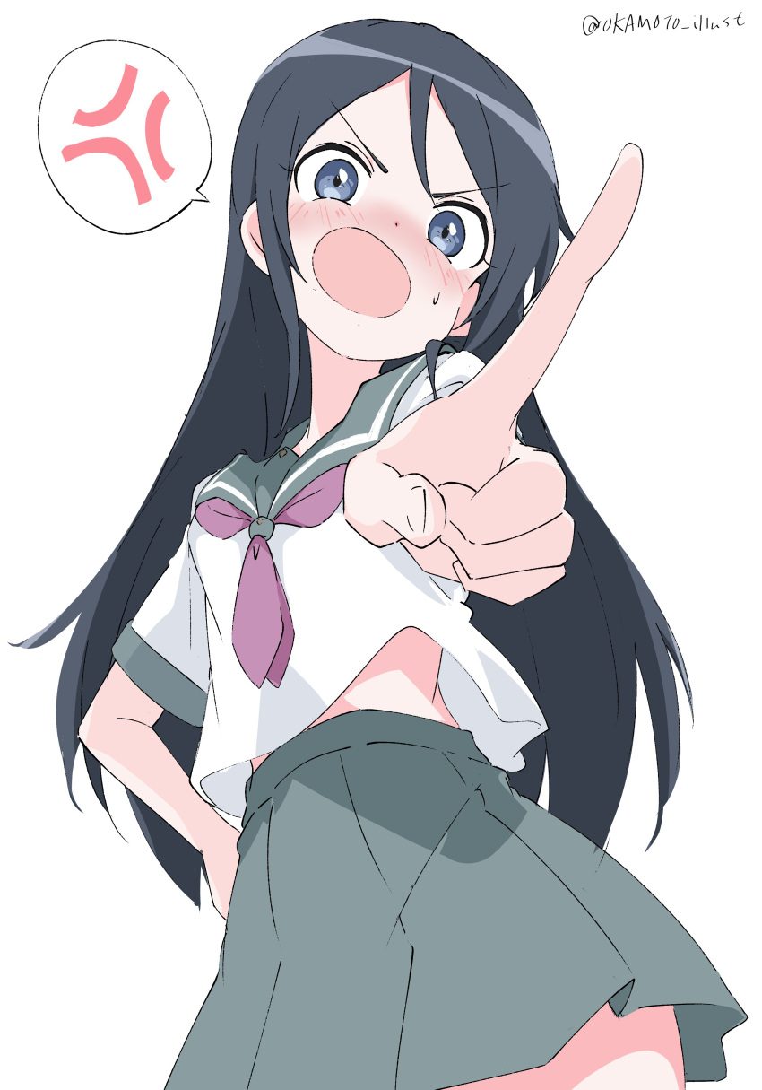 1girl absurdres anger_vein aragaki_ayase artist_name black_hair blue_eyes blush breasts commentary_request cowboy_shot green_sailor_collar green_skirt hair_between_eyes hand_on_own_hip highres index_finger_raised long_hair looking_at_viewer medium_breasts midriff neckerchief open_mouth ore_no_imouto_ga_konna_ni_kawaii_wake_ga_nai outstretched_arm pleated_skirt pointing pointing_at_viewer purple_neckerchief red_neckerchief sailor_collar school_uniform serafuku shirt short_sleeves simple_background skirt solo speech_bubble spoken_anger_vein standing sweatdrop twitter_username v-shaped_eyebrows white_background white_gorilla_(okamoto) white_shirt