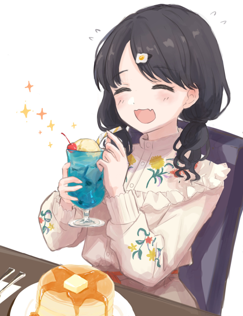 1girl ^_^ black_hair bow butter chair cherry closed_eyes cup dress drink drinking_straw fangs floral_print flying_sweatdrops food fork frilled_dress frills fruit fukumaru_koito hair_ornament hairclip happy highres holding holding_cup honey ice ice_cream ice_cube idolmaster idolmaster_shiny_colors kiri_meee knife long_hair long_sleeves open_mouth pancake plate print_dress simple_background sitting skin_fangs solo sparkle table twintails upper_body waist_bow white_background white_dress