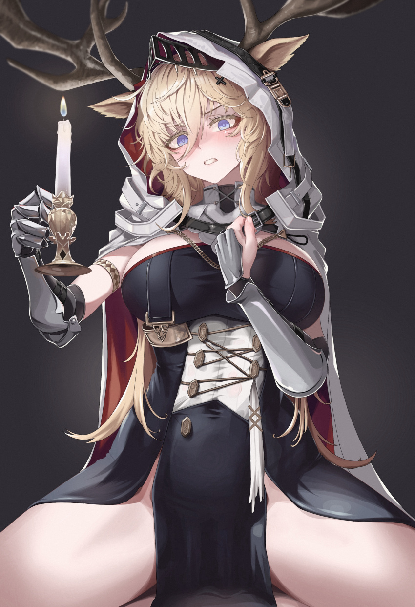 1boy 1girl absurdres animal_ears antlers arknights black_dress blonde_hair blue_eyes blush breasts candle candlestand clenched_teeth commentary deer_antlers deer_ears deer_girl dress girl_on_top hair_between_eyes highres holding holding_candle hood hood_up implied_sex large_breasts long_hair looking_at_viewer mildt paid_reward_available pelvic_curtain pov simple_background solo_focus spread_legs straddling teeth vambraces viviana_(arknights)