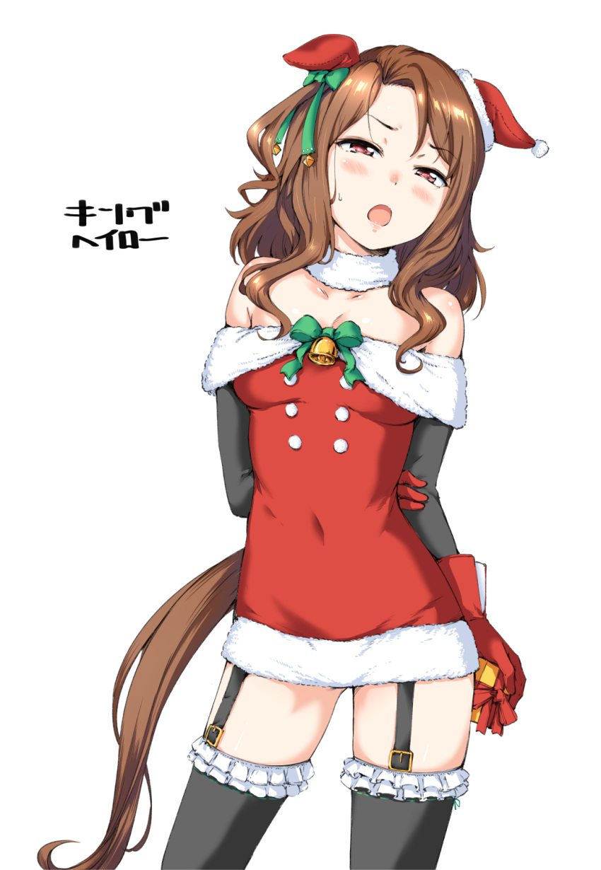 1girl animal_ears bare_shoulders bell black_sleeves black_thighhighs blush bow breasts brown_hair brown_tail christmas covered_navel detached_sleeves ear_covers garter_straps gloves green_bow hamao hat highres horse_ears horse_girl horse_tail king_halo_(umamusume) medium_breasts medium_hair red_gloves revealing_clothes santa_hat simple_background solo tail thighhighs translation_request umamusume wavy_hair white_background