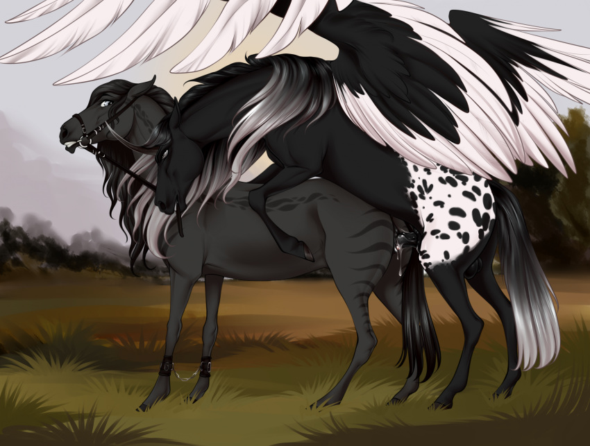 2023 anatomically_correct anatomically_correct_genitalia anatomically_correct_pussy animal_genitalia animal_penis animal_pussy ankle_cuffs balls black_body black_feathers black_mane black_tail bodily_fluids bridle chain chained clitoris cuff_(restraint) duo equid equine equine_genitalia equine_penis equine_pussy eyelashes feathered_wings feathers female female_penetrated feral feral_on_feral genital_fluids genitals grass grey_eyes grey_mane grey_tail hi_res hooves horn horse leash leash_pull male male/female male_penetrating male_penetrating_female mammal mane outside pegasus penetration penis plant pussy pussy_juice reins restraints sex standing tail teeth vaginal vaginal_penetration vein veiny_penis velvet_requiem white_body white_feathers wings