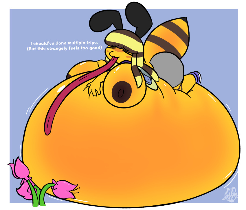 antennae_(anatomy) anthro areola arthropod arthropod_abdomen bee belly belly_expansion belly_inflation bie_(beefuccer) big_belly big_breasts big_butt black_sclera blush bottomwear breasts brown_hair brown_nipples butt clothed clothing dialogue expansion female flower foamytail footwear fur glistening glistening_belly glistening_breasts hair hand_on_own_belly hands_on_belly hi_res huge_breasts huge_butt huge_thighs hymenopteran hyper hyper_belly hyper_breasts inflation insect liquid_inflation long_tongue lying multicolored_hair neck_tuft nipples on_front pink_flower plant purple_eyes resting_on_belly shirt shoes simple_background smile solo striped_hair text thick_thighs tongue topwear tuft wide_hips wings yellow_body
