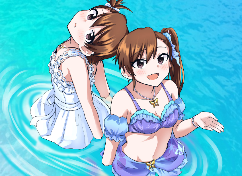 2girls absurdres bare_shoulders bead_bracelet bead_necklace beads bikini blue_ribbon blue_sleeves blush bow bracelet breasts brown_eyes brown_hair butterfly_necklace cleavage collarbone detached_sleeves dot_nose dress dress_bow floral_print from_above futami_ami futami_mami hair_bow hair_ribbon hand_up highres idolmaster idolmaster_(classic) idolmaster_million_live! idolmaster_million_live!_theater_days jewelry koubashiifuna lace-trimmed_dress lace_trim long_hair looking_at_viewer looking_up multiple_girls navel necklace open_hand open_mouth parted_lips print_sarong purple_bikini purple_sarong ribbon ripples sarong short_hair siblings side_ponytail sisters small_breasts smile swimsuit twins wading water white_bow white_dress
