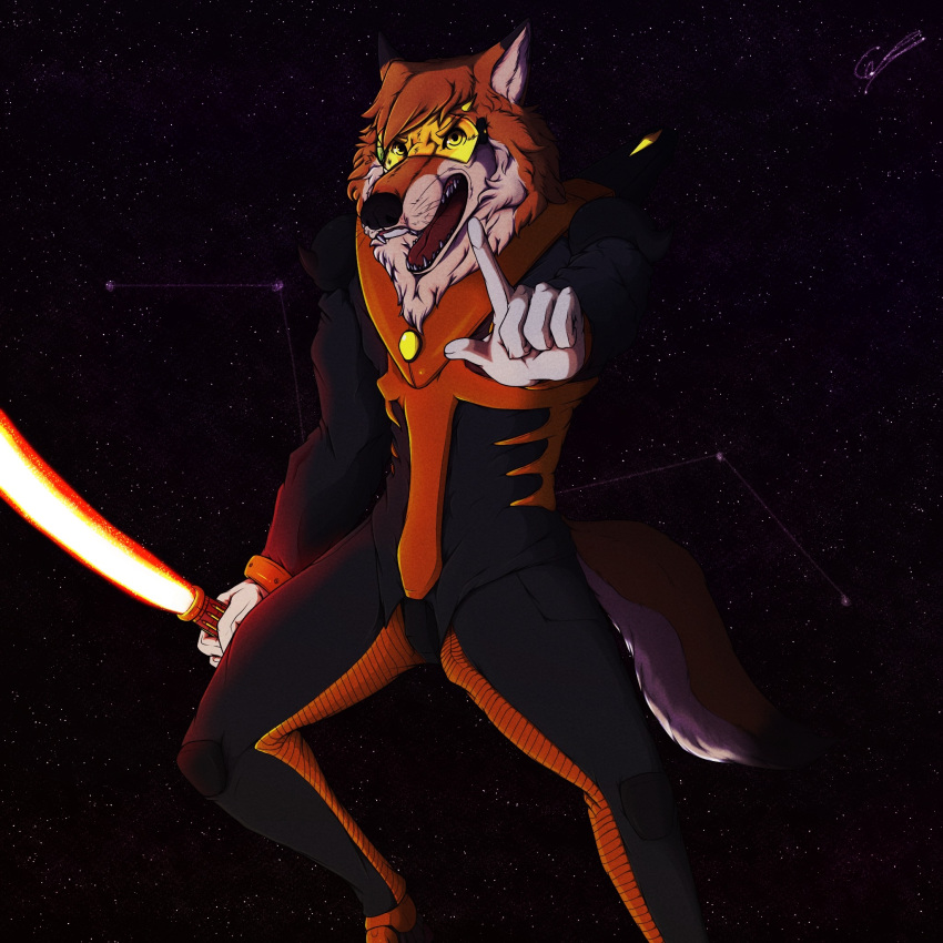 anthro armor beam_sword black_clothing black_suit canid canine canis clothing constellation cosmic_background depictionexpress fox fur gloves halite_(depictionexpress) handwear hi_res jets lore male mammal orange_armor orange_body orange_fur solo solo_focus space space_background spacesuit suit visor yellow_gem