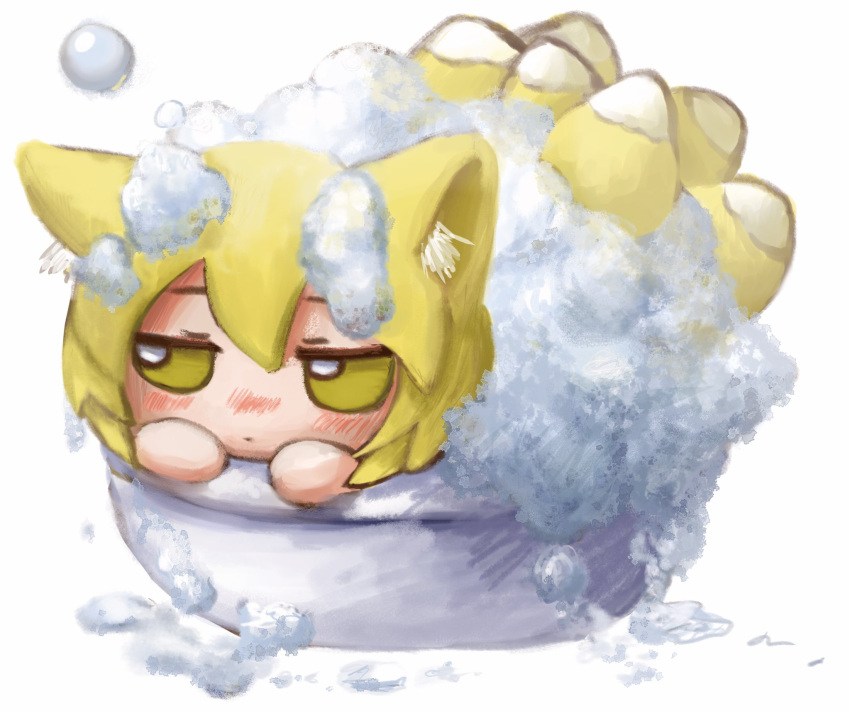 1girl animal_ear_fluff animal_ears bathing blonde_hair blush chibi closed_mouth fox_ears fox_tail fumo_(doll) highres in_container jitome multiple_tails short_hair simple_background soap_bubbles solo tail touhou white_background yakumo_ran yakumora_n yellow_eyes