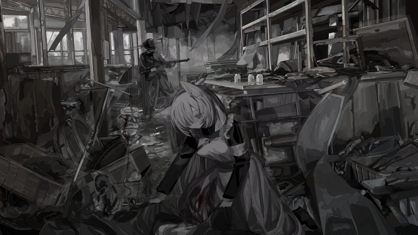 1girl animal_ear_fluff animal_ears apron basket battlefield blood blood_on_clothes blood_spray bullet_trail cat_ears cat_girl closed_mouth commentary corpse death dot_mouth frilled_apron frills greyscale gun hair_over_one_eye half-closed_eyes headshot helmet hen10 highres holding holding_weapon indoors intravenous_drip iv_stand loaded_interior long_bangs long_hair long_sleeves looking_down maid maid_apron maid_headdress military military_helmet military_uniform monochrome one_eye_covered original people rifle ruins soldier spot_color squatting uniform war weapon white_apron window