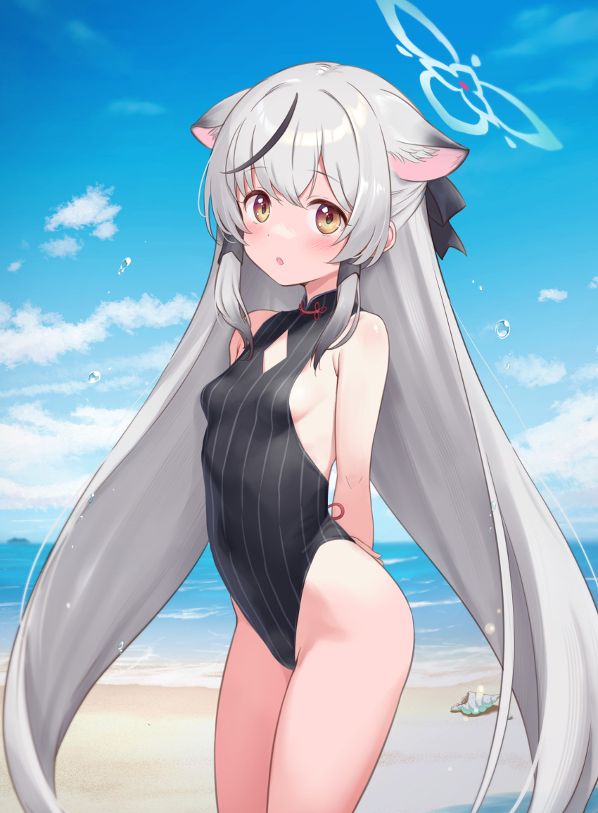 1girl :o adapted_costume animal_ear_fluff animal_ears arms_behind_back bare_shoulders beach black_hair black_one-piece_swimsuit black_ribbon blue_archive blue_sky blush breasts bubble casual_one-piece_swimsuit cloud commentary_request cowboy_shot day diamond_cutout fubuki_rinne grey_hair hair_ribbon halo highres horizon kokona_(blue_archive) long_hair looking_at_viewer multicolored_hair ocean one-piece_swimsuit orange_eyes outdoors parted_lips ribbon seashell shell shore sky small_breasts solo streaked_hair striped striped_one-piece_swimsuit swimsuit tiger_ears vertical-striped_one-piece_swimsuit vertical_stripes very_long_hair water