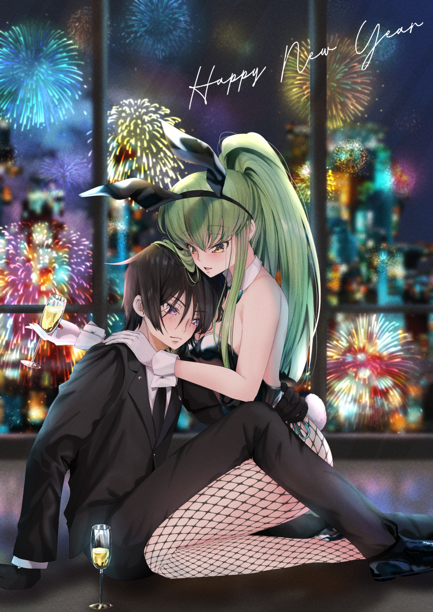 1boy 1girl absurdres alcohol alternate_costume alternate_hairstyle animal_ears arm_around_waist bare_shoulders black_footwear black_gloves black_hair black_leotard black_necktie black_pants black_suit blue_bow blue_bowtie blurry blurry_background blush bow bowtie breasts budgiepon c.c. chinese_zodiac cityscape closed_mouth code_geass collar commentary couple cup curvy detached_collar drinking_glass face_to_breasts fake_animal_ears fake_tail fireworks fishnet_pantyhose fishnets formal full_body gloves hair_between_eyes hand_on_another's_shoulder happy_new_year hetero highres holding holding_cup hug indoors kneeling knees_up legs lelouch_vi_britannia leotard long_sleeves looking_at_another medium_breasts necktie night nose open_mouth pants pantyhose playboy_bunny ponytail purple_eyes rabbit_ears rabbit_tail shirt short_hair sidelocks sitting smile straight_hair suit tail thighs white_collar white_gloves white_shirt white_wrist_cuffs window wine wine_glass year_of_the_rabbit yellow_eyes