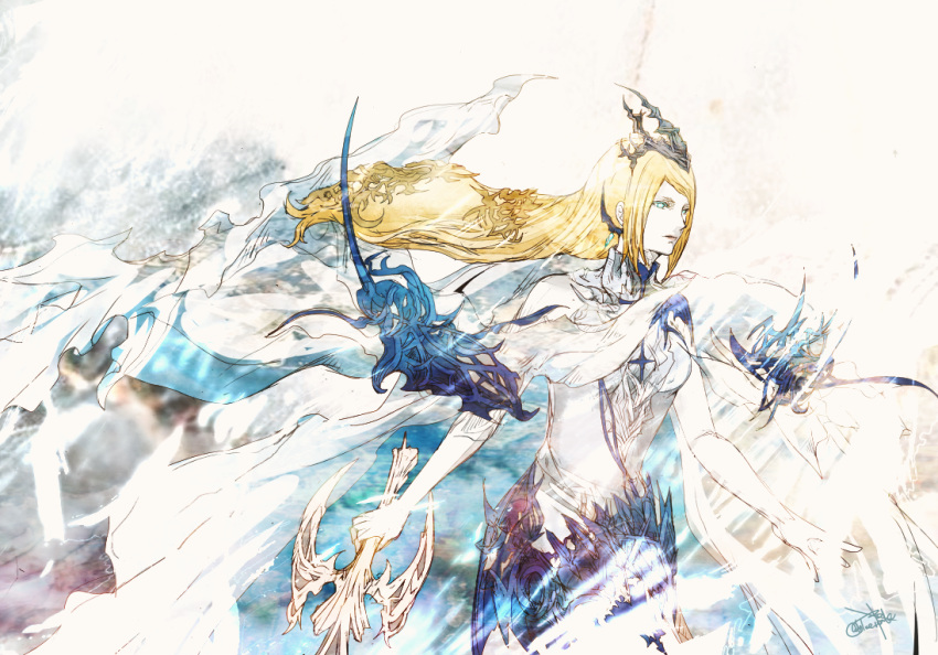 1girl blonde_hair blue_eyes closed_mouth commentary crown dress final_fantasy final_fantasy_xvi floating_hair holding long_hair looking_to_the_side ruka_(blueplus84) shawl shiva_(final_fantasy) signature solo swept_bangs upper_body white_dress