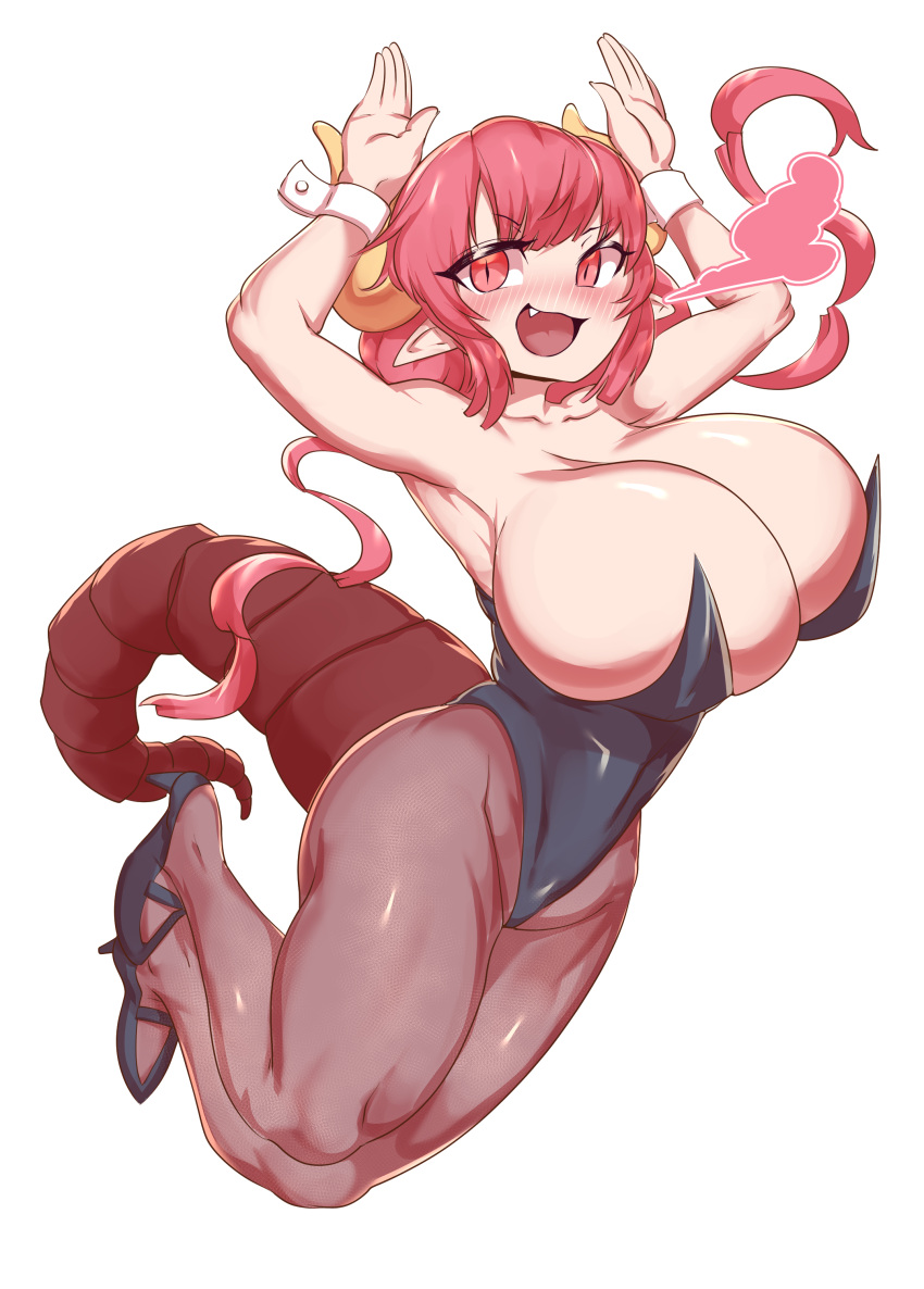 absurd_res animal_humanoid big_breasts blush breasts bunny_costume cleavage clothed clothing costume dragon dragon_humanoid female footwear hair hi_res high_heels horn horned_humanoid huge_breasts humanoid humanoid_pointy_ears ilulu legwear leotard long_hair miss_kobayashi's_dragon_maid pantyhose pink_hair short_stack solo tail thick_tail zettaizetumei