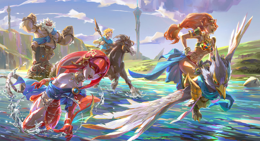 2girls 3boys beak bird bird_wings bug champion's_tunic_(zelda) cloud cloudy_sky dark-skinned_female dark_skin daruk epona feathers fish_girl fly flying gerudo goron guardian_(zelda) highres horse horse_racing hylian jewelry lance link mipha monster_boy monster_girl multiple_boys multiple_girls nintendo non-humanoid_robot polearm revali riding rito robot shengyi_sun sky swimming the_legend_of_zelda the_legend_of_zelda:_breath_of_the_wild tower urbosa walking walking_on_liquid water weapon weapon_on_back winged_arms wings zora