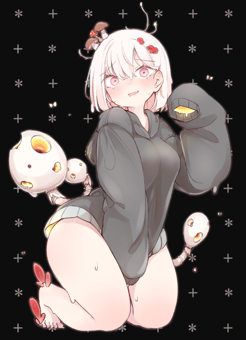 1girl barefoot black_hoodie black_sweater breasts clothes_tug commentary full_body highres hood hooded_sweater hoodie kinakomoti medium_breasts medium_hair mushroom mushroom_on_head original pink_eyes sleeves_past_fingers sleeves_past_wrists solo sweat sweater sweater_tug white_background