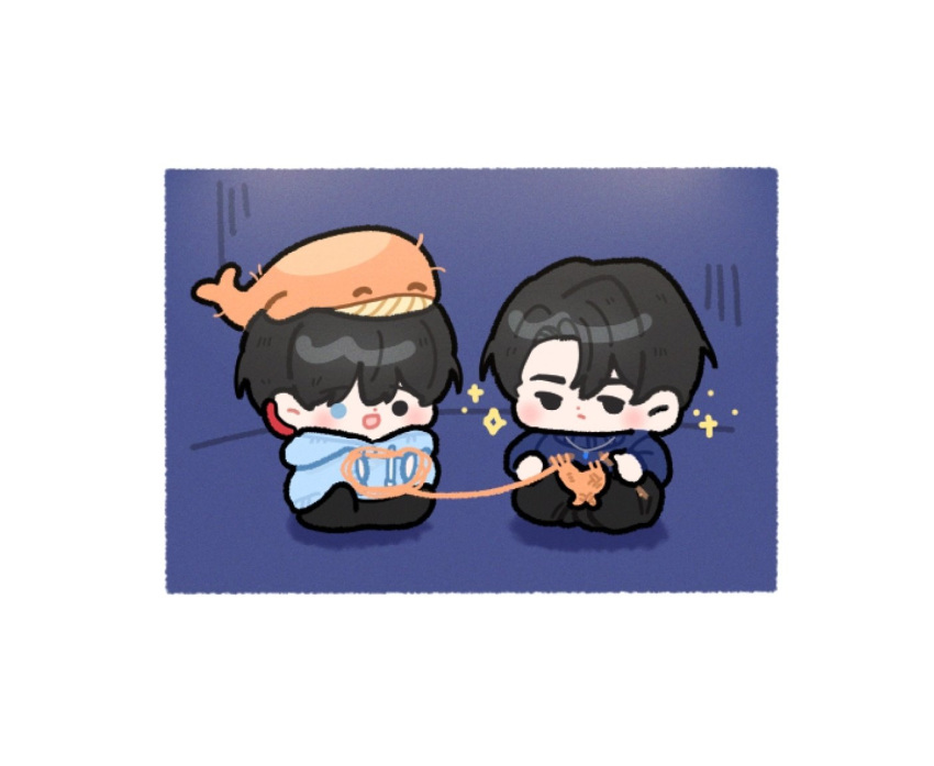 2boys bbing_zzi black_eyes black_hair blue_eyes blue_hoodie blush border chibi closed_mouth commentary_request eoduun_badaui_deungbul-i_doeeo hood hoodie knitting knitting_needle korean_commentary male_focus multiple_boys needle object_on_head open_mouth park_moo-hyun parted_bangs shin_hae-ryang short_hair sitting smile solid_circle_eyes stuffed_animal stuffed_toy stuffed_whale white_border yarn