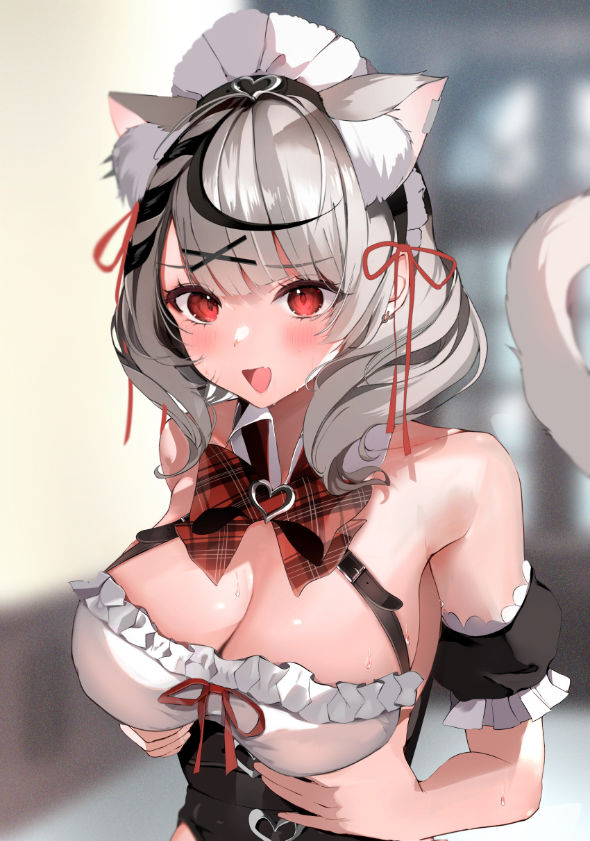 1girl absurdres animal_ear_fluff animal_ears bangs bare_shoulders black_hair blush bow bowtie breast_hold breasts cat_ears cat_girl cat_tail cleavage fang grey_hair hair_ornament highres hololive large_breasts looking_at_viewer maid maid_headdress medium_hair multicolored_hair niku_(hamuchang) open_mouth plaid plaid_bow plaid_bowtie puffy_short_sleeves puffy_sleeves red_bow red_bowtie red_eyes sakamata_chloe short_sleeves skin_fang smile solo streaked_hair sweat tail virtual_youtuber x_hair_ornament