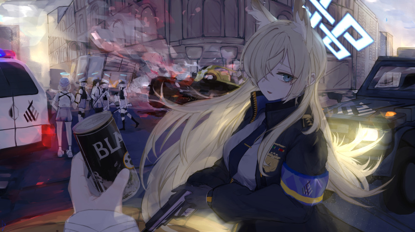 animal_ears blonde_hair blue_archive blue_armband blue_eyes car coffee fox_ears halo hicago7 highres kanna_(blue_archive) looking_at_viewer motor_vehicle multiple_girls police police_car police_uniform school_uniform uniform